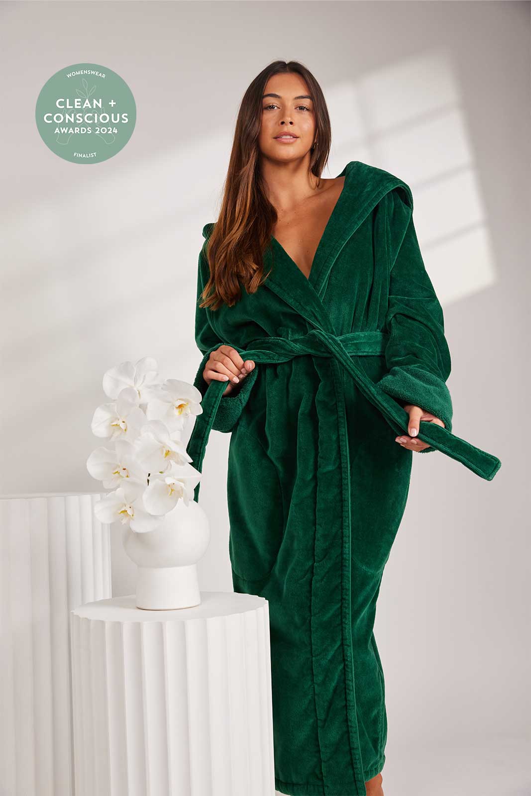 Womens Organic Cotton Hooded Robe in Emerald - Pasithea Sleep Womens Organic Cotton Hooded Robe in Emerald - Pasithea Sleep