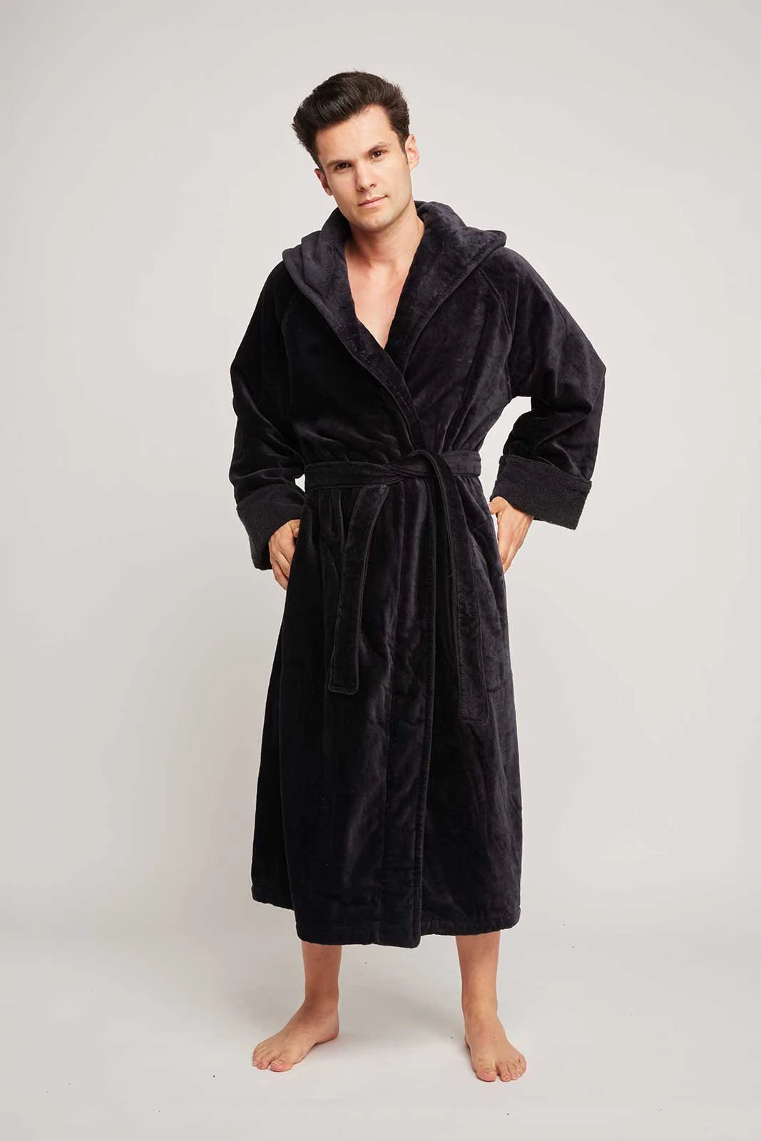 David Archy Hooded Robe Coral Fleece Soft Dressing Gown Mens Bathrobe Warm  Winter